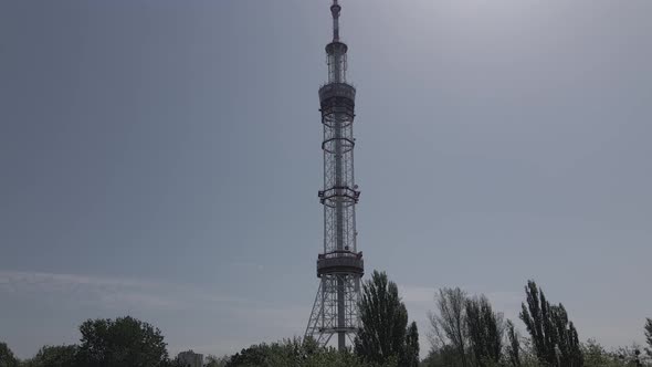 The Architecture of Kyiv. Ukraine: TV Tower. Aerial View. Slow Motion, Flat, Gray