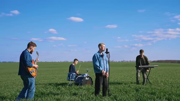 Young musical band performing concert on nature