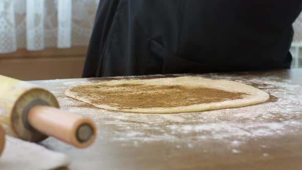 Close-up Women's Hands Sprinkle Dough with Cinnamon Preparing Handmade Cookies
