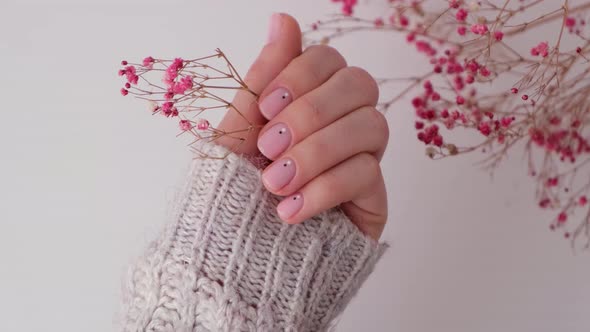 Woman Showing Hands with Beautiful Nude Manicure Holding Delicate Pink Gypsophila or Baby's Breath