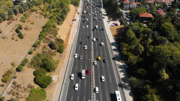 Aerial view of Fatih Sultan Mehmet Bridge and car traffic