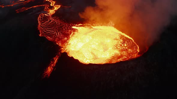 Crane Down Footage of Boiling Magma in Erupting Volcano Crater