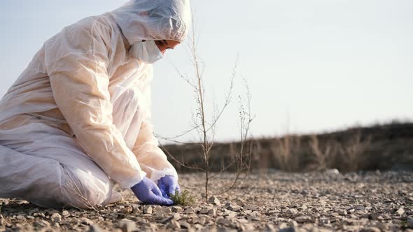 A General Shot of a Scientist in Protective Overalls Goggles and Masks Studying Plants on Polluted