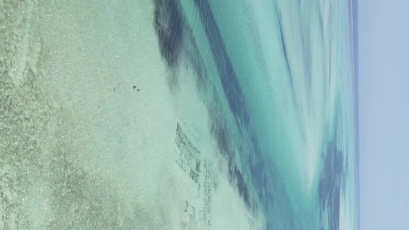 Vertical Video of Low Tide in the Ocean Near the Coast of Zanzibar Tanzania Aerial View