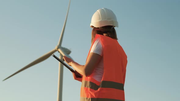 Female an Engineer in a Helmet and an Orange Vest Controls the Operation of a Wind Turbine Using a