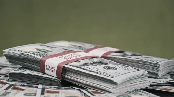 Dollars Bundles Lying on a Pile of Money and Rotate on Green Background Money