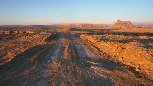 Dirt road leading off into the distance in the desert at sunrise