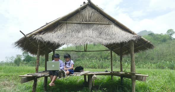 Little Girl And Boy Studying By Online Learning With Laptop alt