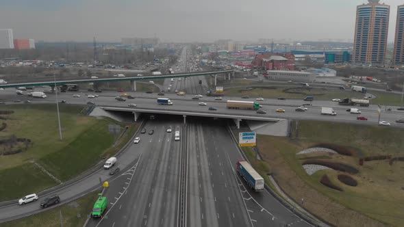 Top View of a Major Road in the City. Top View of the Road Junction. Moscow, MKAD. The Camera Flies