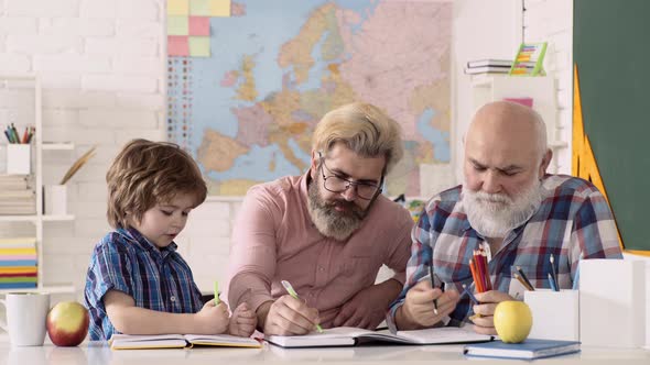 Grandfather, Father, Son Back To School. Teachers Day. Children Learning. Cute Child Boy in