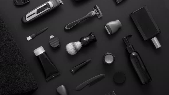 Men Beauty and Health Concept. Various Shaving and Bauty Care Accessories Placed on Black Background