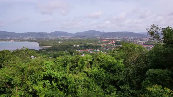 Aerial view of Khao Khad viewpoint Phuket Thailand. Amazing mountain nature landscape view in phuket