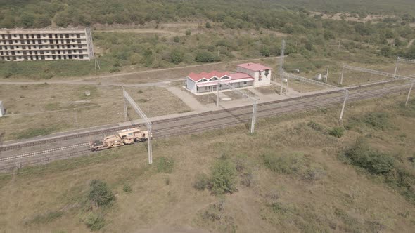 Samtskhe-Javakheti, Georgia - August 20 2021: Aerial view of Tetritskaro railway station