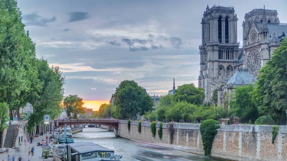 Sunset View of Cathedral Notre Dame De Paris Timelapse in Paris France