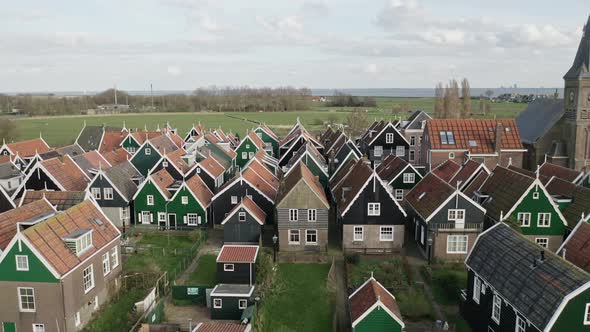 Netherlands Marken Flying Over a Small City in the Netherlands. Typical Dutch Houses. a Flock of