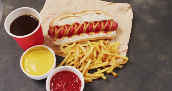 Video of hot dog with mustard, ketchup and chips on a black surface