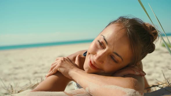 Portrait of Beautiful Young Mixed Race Woman Cheerful Enjoying Lifestyle on Calm Sunny Sandy Beach