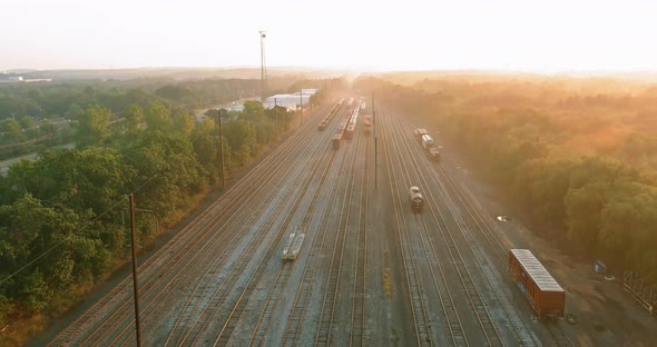 Aerial View with Railroad in Motion Railway at Main Lines at Sunset