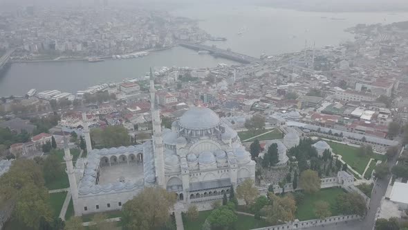 Aerial footage of Suleymaniye Mosque from a foggy day