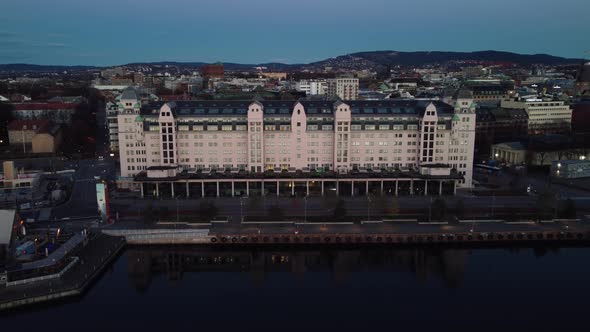 Aerial Shot of Havnelageret Building in Oslo with Reflection during Dawn