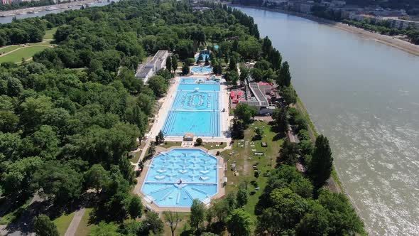 Flying over Palatinus Strand Baths on Margaret island, Budapest, Hungary