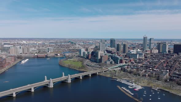 Aerial Panoramic View of Longfellow Bridge Over Charles River Busy Multilane Road on Waterfront and