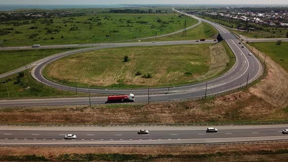 Aerial View of Modern Highway Road Intersection, Roundabout