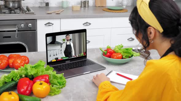 Woman in Home Kitchen Study Online Video Call Webcam Laptop Listen Chef Teacher