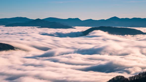 Foggy Clouds Motion in Autumn Mountains Nature at Sunrise Morning