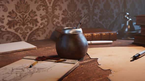 Traditional yerba mate on a vintage desk. Energy herbal drink. Gourd with straw