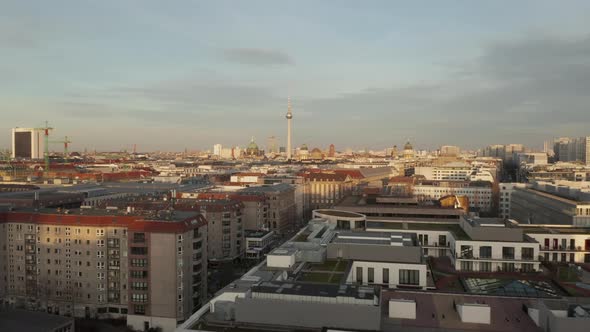 Low Over Berlin Central, Mitte with View on Alexanderplatz TV Tower on Beautiful Sunny Day 