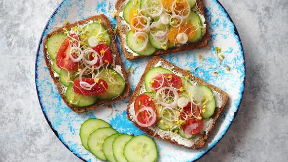 Plate with Toasts with Cucumber Tomatoes and Crumbled Feta and Radish Sprouts