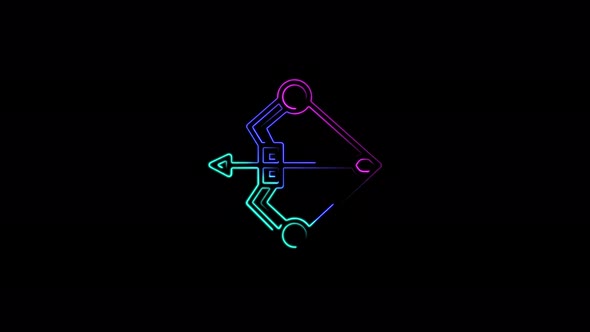 Crossbow bow and arrow icon abstract seamless animation of 4K neon lines.
