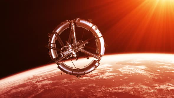 Futuristic Space Station In The Rays Of Red Sun