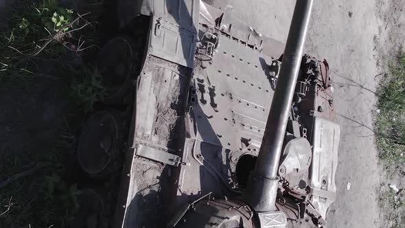 Vertical Video of Ukraine in the War  Burnt Out Tank