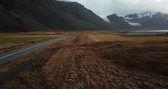 Aerial shot of empty road in Hvalnes Nature Reserve, Iceland