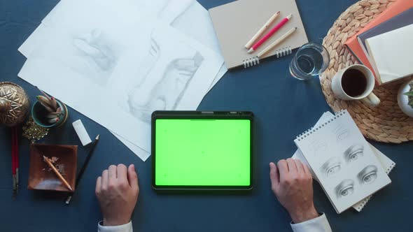 Business People Using Gadget with Chroma Green Screen Top View