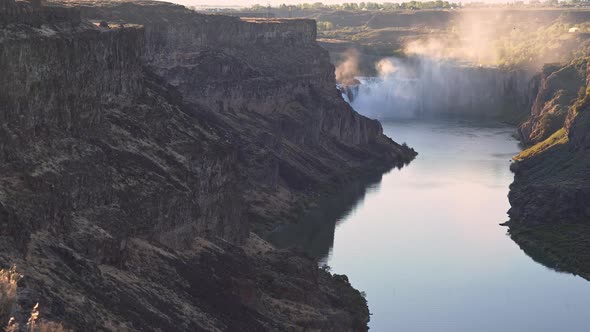 Panning over the Snake River Canyon viewing ShoShone Falls