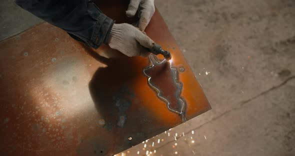 Locksmith Cuts Metal with a Plasma Cutter Metalcutting By Gas Cutter with Sparks  Prores HQ