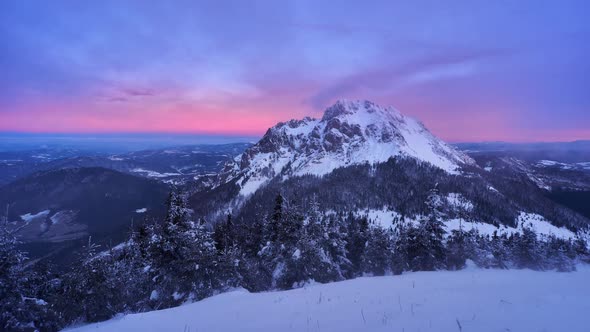 Winter Frozen Mountain Panorama Landscape in Slovakia Red Sky Before Sunrise