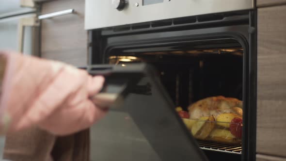 Woman with Oven Gloves Opening Oven Door and Inspecting Chicken Meat Inside Oven