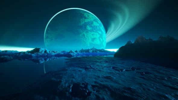 Alien mystery planet reflection in big sea surrounded by mountain landscape.