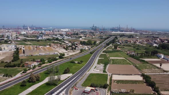Drone View of a Highway Leading to a Port in Valencia