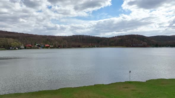 Aerial view of a lake in the village of Vinne in Slovakia