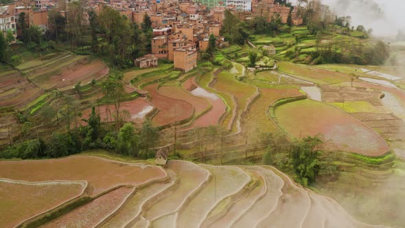 Aerial of the rice fields and villages of Yuanyang County China