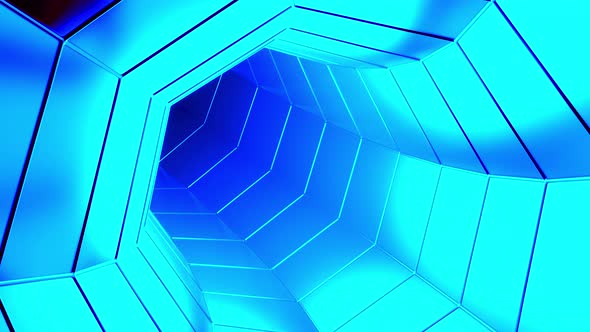 Outer Space Background with Flying Inside Neon Blue Tunnel