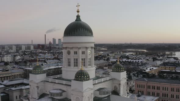 Aerial view drone rotating around Helsinki Cathedral.