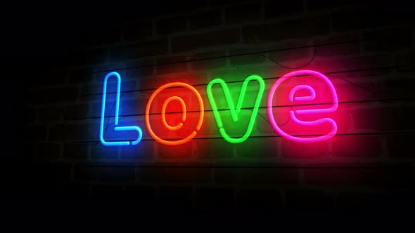 Love symbol neon on brick wall 3d