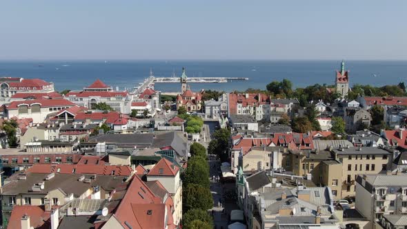 Aerial view of Bohaterow Monte Cassino Street in Sopot, Poland