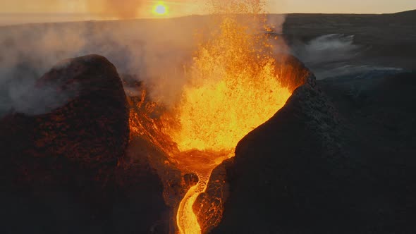 Lava Erupting Fagradalsfjall Volcano At Sunset In Reykjanes Peninsula Iceland